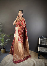 Dista Elora Maroon Soft Banarasi Silk Floral & Ethnic Motifs Meenakari Zari Weaving Banarasi Saree, view 2
