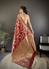 Dista Elora Maroon Soft Banarasi Silk Floral & Ethnic Motifs Meenakari Zari Weaving Banarasi Saree, view 3