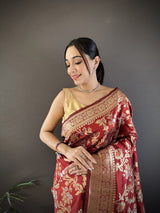Dista Elora Maroon Soft Banarasi Silk Floral & Ethnic Motifs Meenakari Zari Weaving Banarasi Saree, view 5