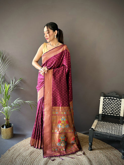 Dista Elora Maroon Soft Lichi Silk Jacquard Butti Zari Weaving Paithani Saree