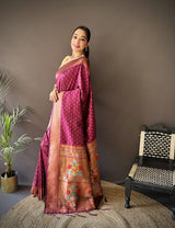Dista Elora Maroon Soft Lichi Silk Jacquard Butti Zari Weaving Paithani Saree, view 2