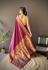 Dista Elora Maroon Soft Lichi Silk Jacquard Butti Zari Weaving Paithani Saree, view 3