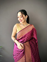Dista Elora Maroon Soft Lichi Silk Jacquard Butti Zari Weaving Paithani Saree, view 4