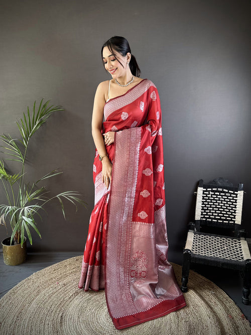 Dista Elora Maroon Soft Silk Floral Motifs Banarasi Saree
