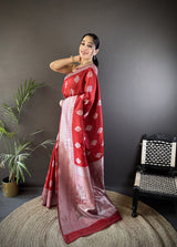 Dista Elora Maroon Soft Silk Floral Motifs Banarasi Saree, view 2