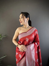 Dista Elora Maroon Soft Silk Floral Motifs Banarasi Saree, view 4