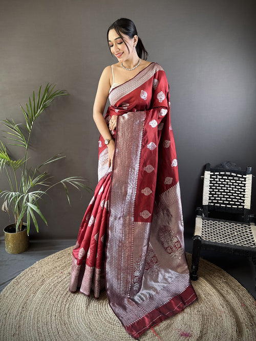 Dista Elora Maroon Soft Silk Floral Motifs Banarasi Saree