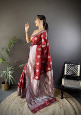 Dista Elora Maroon Soft Silk Floral Motifs Banarasi Saree, view 2