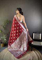 Dista Elora Maroon Soft Silk Floral Motifs Banarasi Saree, view 3