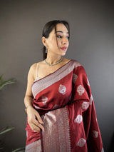 Dista Elora Maroon Soft Silk Floral Motifs Banarasi Saree, view 5