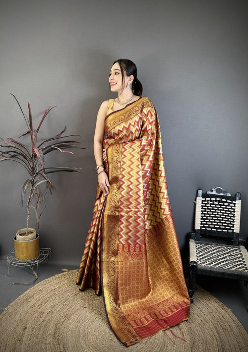 Dista Elora Maroon Soft Silk Zig Zag Leheriya Zari Weaving Saree