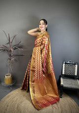 Dista Elora Maroon Soft Silk Zig Zag Leheriya Zari Weaving Saree, view 2