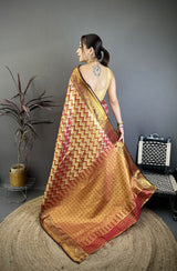 Dista Elora Maroon Soft Silk Zig Zag Leheriya Zari Weaving Saree, view 3