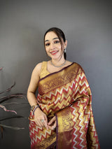 Dista Elora Maroon Soft Silk Zig Zag Leheriya Zari Weaving Saree, view 4