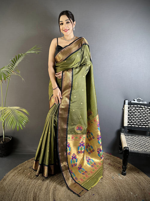 Dista Elora Mehandi Green Lichi Silk Peacock Ethnic Motifs Zari Woven Paithani Saree