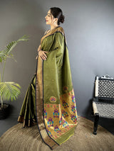 Dista Elora Mehandi Green Lichi Silk Peacock Ethnic Motifs Zari Woven Paithani Saree, view 2