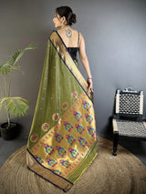 Dista Elora Mehandi Green Lichi Silk Peacock Ethnic Motifs Zari Woven Paithani Saree, view 3