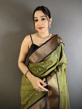 Dista Elora Mehandi Green Lichi Silk Peacock Ethnic Motifs Zari Woven Paithani Saree, view 4