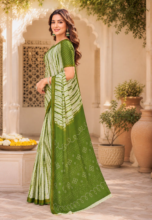 Dista Elora Mehandi Green & White Linen Leheriya Digital Print Bollywood Saree