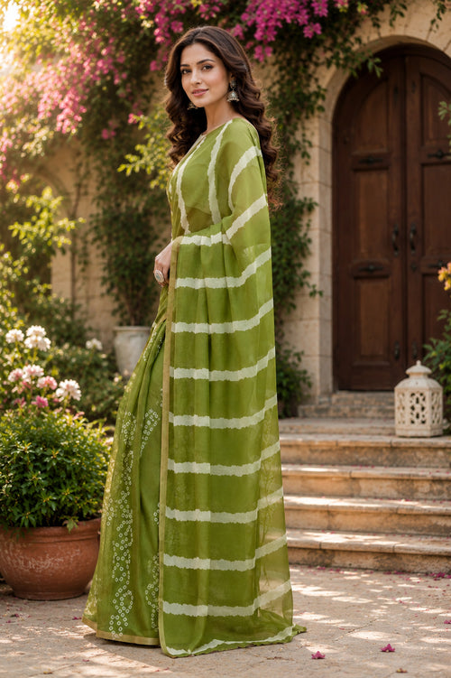 Dista Elora Mehendi Green Chanderi Cotton Shibori Striped Printed Ready To Wear Saree