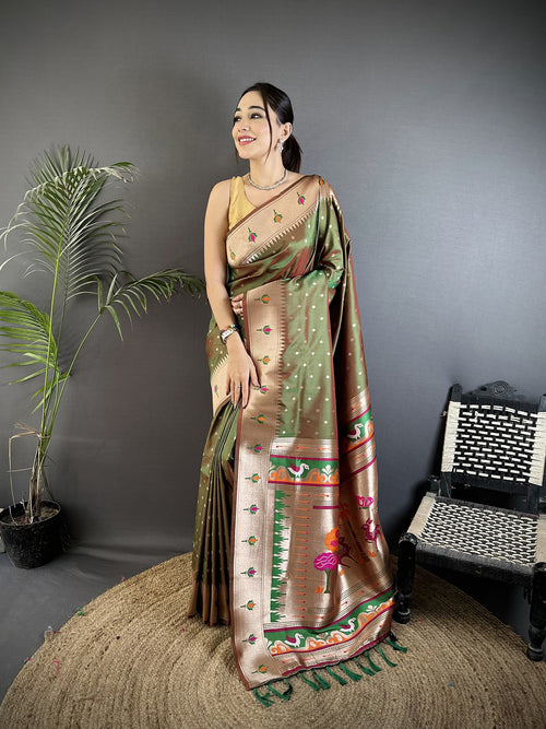 Dista Elora Mehendi Green Soft Lichi Silk Peacock & Floral Motifs Jacquard Kanchipuram Saree