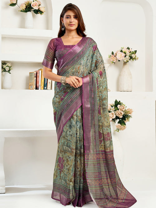 Dista Elora Multi Coloured Linen Ikat & Floral Printed Ready to Wear Saree