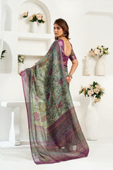 Dista Elora Multi Coloured Linen Ikat & Floral Printed Ready to Wear Saree, view 2