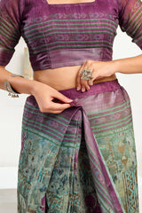Dista Elora Multi Coloured Linen Ikat & Floral Printed Ready to Wear Saree, view 3