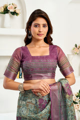 Dista Elora Multi Coloured Linen Ikat & Floral Printed Ready to Wear Saree, view 4
