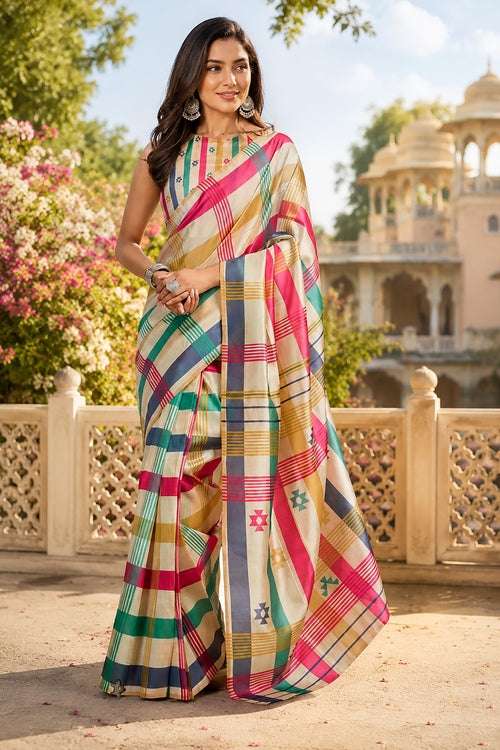 Dista Elora Multicolor Chanderi Cotton Checked Printed Ready To Wear Saree