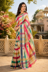 Dista Elora Multicolor Chanderi Cotton Checked Printed Ready To Wear Saree, view 3