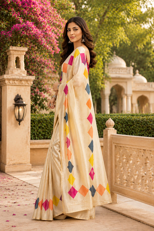 Dista Elora Multicolor Chanderi Cotton Checked Printed Ready To Wear Saree