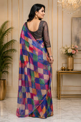Dista Elora Multicolor Chanderi Cotton Colorblocked Checkered Printed Ready To Wear Saree, view 2