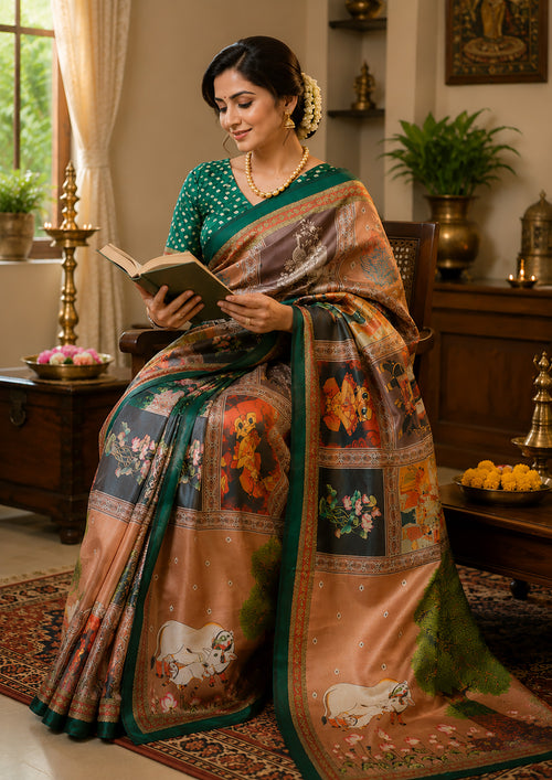 Dista Elora Multicolor Chanderi Cotton Kamdhenu Grid Printed Ready To Wear Saree