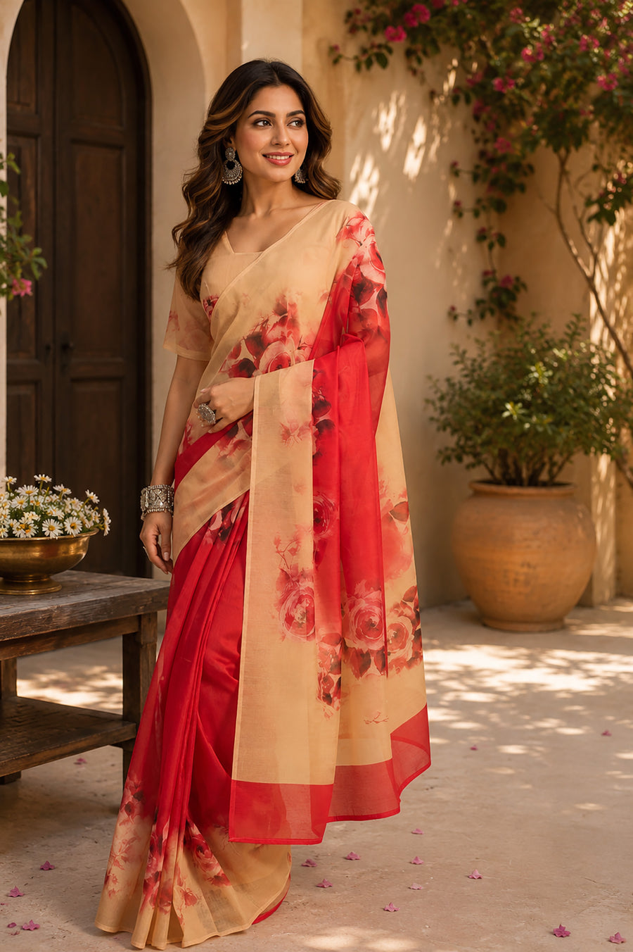 Dista Elora Multicolor Chanderi Cotton Large Rose Floral Printed Ready To Wear Saree