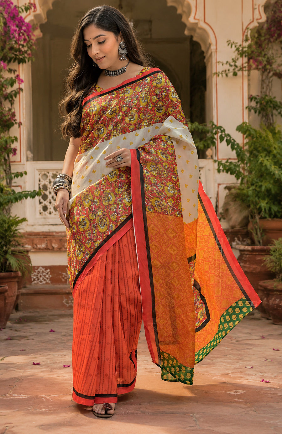 Dista Elora Multicolor Linen Floral Digital Print Bollywood Saree