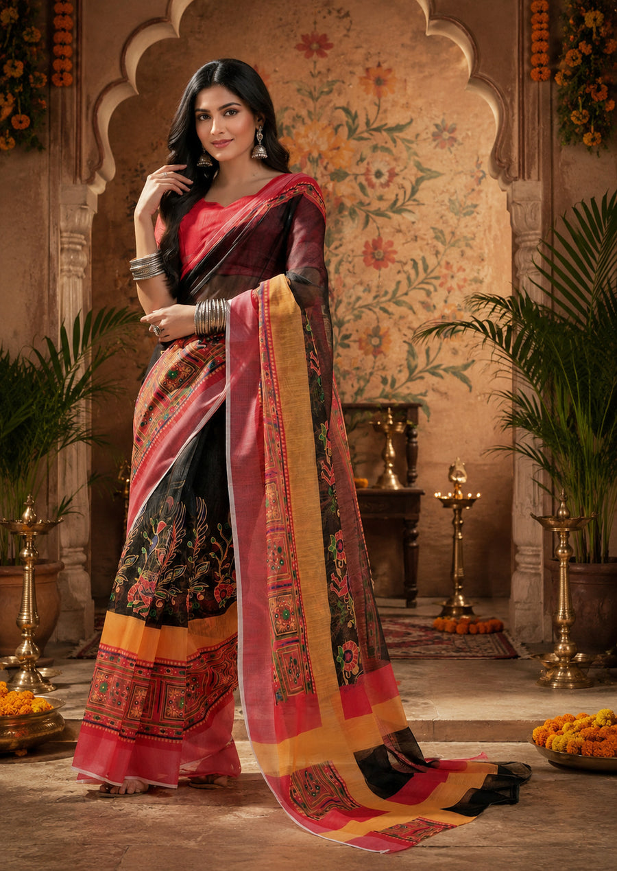 Dista Elora Multicolor Linen Floral Motifs Digital Print Bollywood Saree