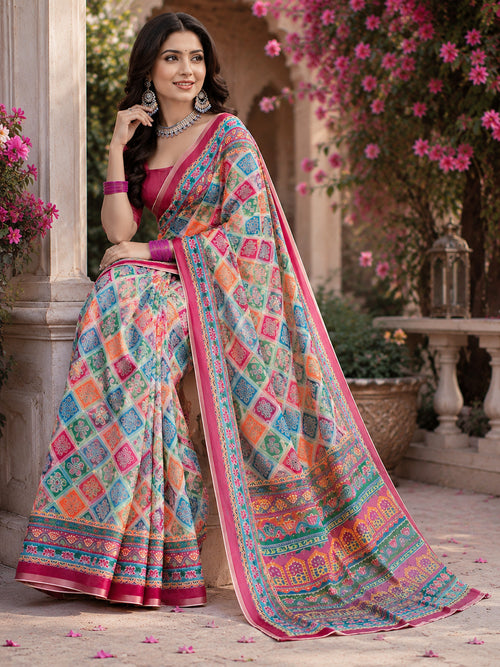 Dista Elora Multicolor Linen Rangcut Digital Print Bollywood Saree