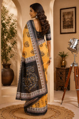 Dista Elora Mustard Chanderi Cotton Bagru print Printed Ready To Wear Saree, view 2