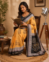 Dista Elora Mustard Chanderi Cotton Bagru print Printed Ready To Wear Saree, view 3