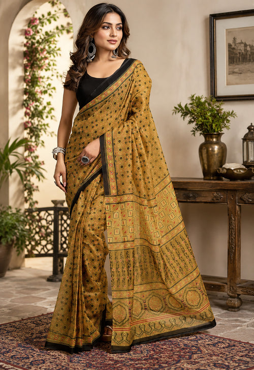 Dista Elora Mustard Chanderi Cotton Kalamkari Printed Ready To Wear Saree