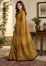 Dista Elora Mustard Chanderi Cotton Kalamkari Printed Ready To Wear Saree, view 2