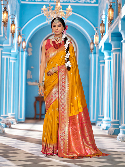 Dista Elora Mustard Gadhval Soft Silk Banarasi Jacquard Butti Work Designer Saree