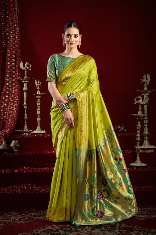 Dista Elora Mustard Green Silk Blend Butti Weaving Paithani Saree