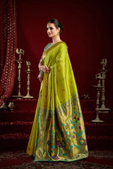 Dista Elora Mustard Green Silk Blend Butti Weaving Paithani Saree, view 2