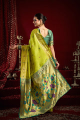 Dista Elora Mustard Green Silk Blend Butti Weaving Paithani Saree, view 3
