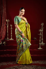 Dista Elora Mustard Green Silk Blend Butti Weaving Paithani Saree, view 4