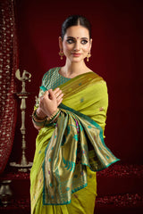 Dista Elora Mustard Green Silk Blend Butti Weaving Paithani Saree, view 5