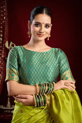 Dista Elora Mustard Green Silk Blend Butti Weaving Paithani Saree, view 6