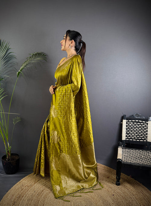 Dista Elora Mustard Lichi Silk Striped Jacquard Zari Weaving Banarasi Saree